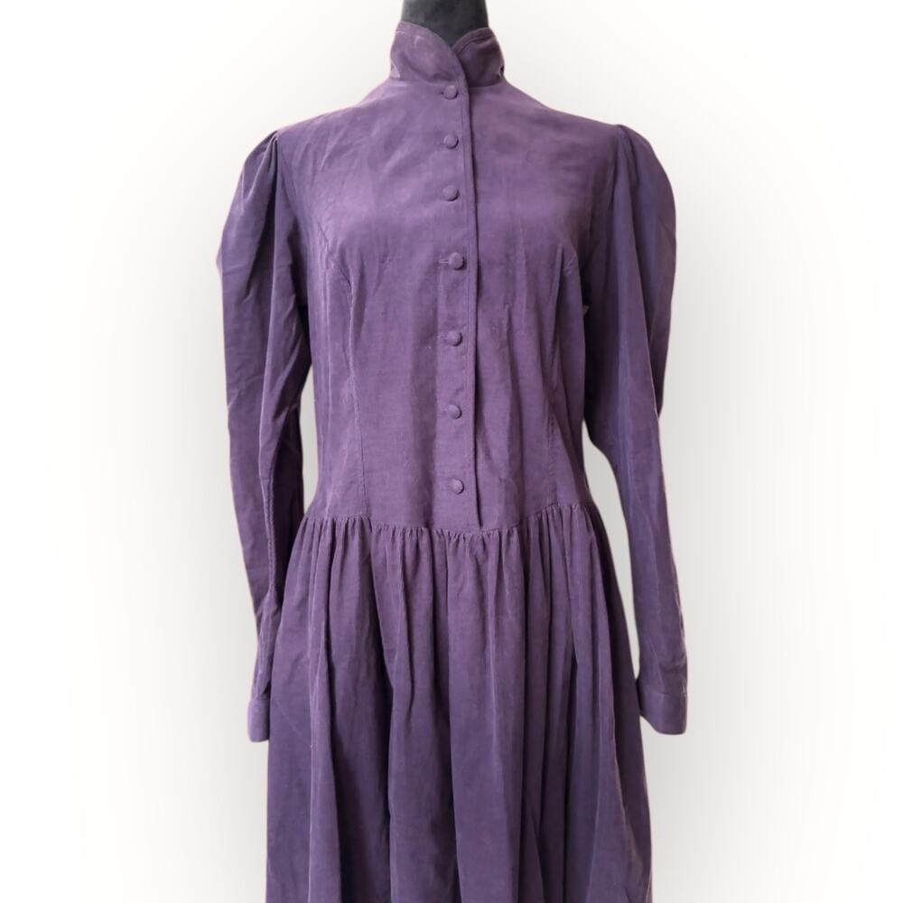 Laura Ashley Vintage 80s Deep Purple Corduroy Button Front Midi Dress Size 12 - Picture 6 of 16